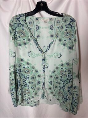 Billabong Mint Paisley V-Neck Button Blouse